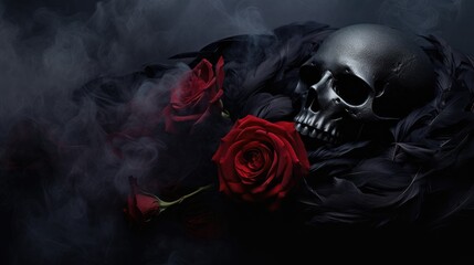 Poster -  a black skull with a red rose on it's chest and a black rose on the other side of the skull.  generative ai