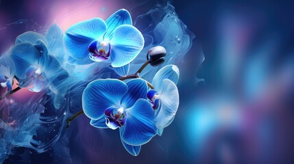 Wall Mural -  a painting of blue orchids on a blue and purple background with smoke coming out of the top of the petals.  generative ai