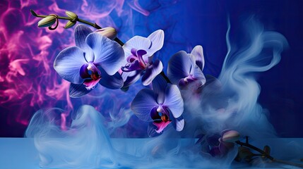 Sticker -  a group of blue and purple orchids on a blue and pink background with smoke coming out of the petals.  generative ai