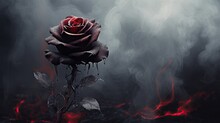  A Single Red Rose Sitting In The Middle Of A Dark, Foggy Area With Red Smoke Coming Out Of It.  Generative Ai
