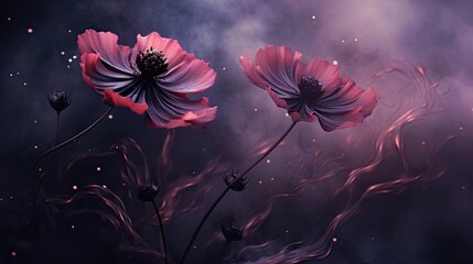 Wall Mural -  a couple of pink flowers sitting on top of a lush green field of grass under a cloudy blue and pink sky.  generative ai