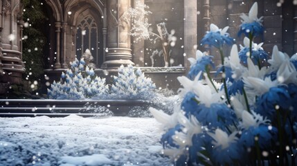 Poster -  a bunch of blue and white flowers are in a snowy area in front of a building with snow falling on the ground.  generative ai