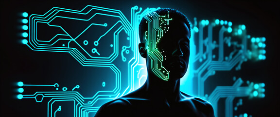 Wall Mural - Futuristic digital man silhouette with artificial intelligence electronic circuits 