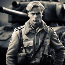 Black And White Photo, World War Two German Pretty Blonde Hair Blue Eyes Male General, Wearing World War Two German General Soldier Uniform, Tank As Background