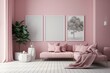Monochromatic room with pinkish decor, furniture, and plants; framed posters adorn the walls. 3D rendering. Generative AI
