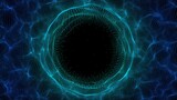 Fototapeta Przestrzenne - Abstract blue sphere in the wave on black background. Wormhole or speed tunnel technology. Wireframe circle structure with glowing particles. Futuristic digital illustration. 3D rendering.
