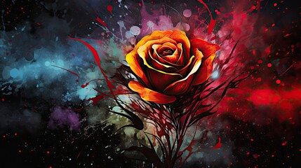 Wall Mural -  a painting of a red and yellow rose on a black background with splatters of paint on the petals.  generative ai