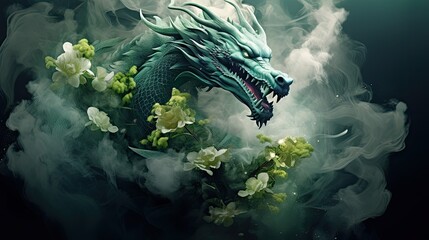  a green dragon sitting on top of a lush green plant covered in clouds of smoke and flowers in front of a black background.  generative ai