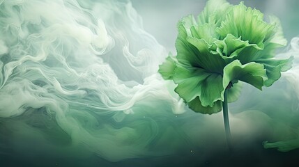 Poster -  a large green flower sitting in the middle of a green and white cloud filled sky with smoke coming out of it.  generative ai