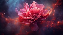  A Large Pink Flower Sitting In The Middle Of A Dark Blue And Red Smoke Filled Area With A Black Background.  Generative Ai