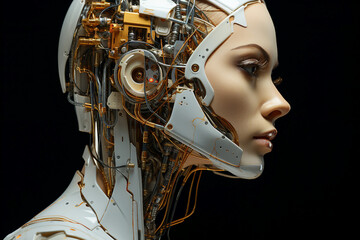 Poster - Portrait of beautiful young futuristic woman with abstract brain and digital elements