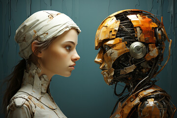 Poster - Portrait of ai generated robot with integrated hologram and technology elements