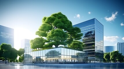 Wall Mural - Eco-friendly building in the modern city. Sustainable glass office building with tree for reducing carbon dioxide. Office building with green environment. Corporate building reduce CO2