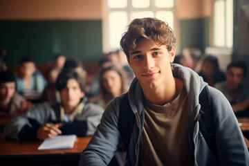 Wall Mural - Generated by AI photo of happy male brown hair student standing in classroom isolated in educational environment background