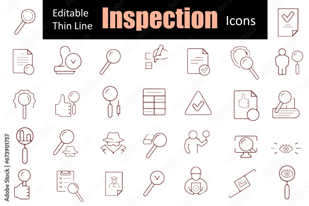 Inspection Line Editable Icons set. Verification web icons in thin line style: inspector, testing, inspection report, quality control, house inspection. Vector illustration
