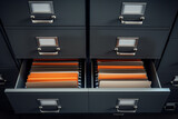 Fototapeta  - File cabinet with a wide open drawer full of files. Generative AI