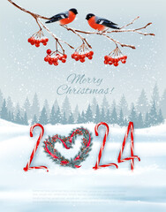 Poster - Holiday Christmas background and Happy New Year with red bullfinches on branch of a christmas tree and 2024 numbers. Vector