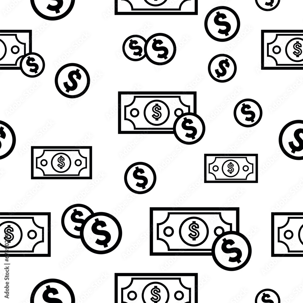 Vector Dollar Coins and Papers Seamless Pattern Outline Design. USA ...