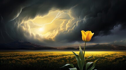 Canvas Print -  a painting of a yellow tulip in a field of yellow flowers with a storm in the sky in the background.  generative ai