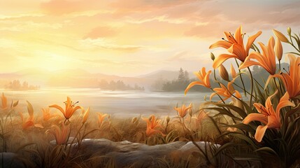 Sticker -  a painting of a sunset with flowers in the foreground and a body of water in the background with mountains in the distance.  generative ai