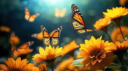 Canvas Print -  a field of sunflowers with a group of butterflies in the middle of the photo and a bright blue sky in the background.  generative ai