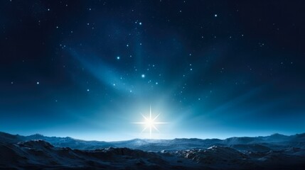 Jesus Star: Nativity of Christ in Bethlehem. Bright Star on a Dark Blue Background of the Night Sky