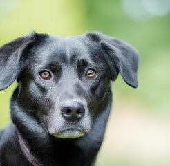 Sticker - AI generated illustration of a portrait of a black dog, against a vivid green background