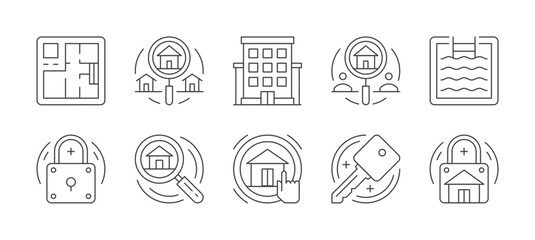 Poster - Real estate agency search choice insurance home plan thin line art icons set vector illustration