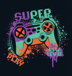 © Kseniia Koval - Gamepad print with Grunge textured background, text in digital style. Gaming poster. Game over t shirt design.
