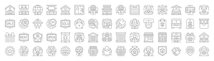 Poster - Real estate agency sale buy rent deal search protection thin line art icons big set vector