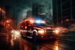 911. Photo of an emergency ambulance car fast driving on night city downtown district with motion blur. An ambulance rushes on call through the city at night.