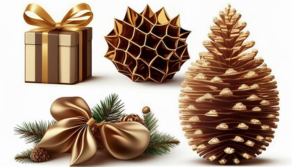 Wall Mural - Christmas ornament set isolated on white background with tinsel pinecone