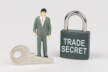 Poster - On a white surface there is a figurine of a businessman, a key and a lock with the inscription - trade secret