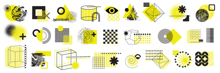 Geometric abstract shape set, vector modern design element, geometry graphic line form, modern dot. Brutal minimal y2k decoration kit, simple 80s trendy style figure collage. Hipster geometric shape