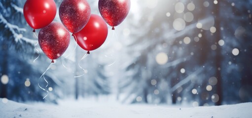 Wall Mural - Floating helium red balloons on a snowy winter forest background. wallpaper banner, copy space for text, celebration valentines and christmas card