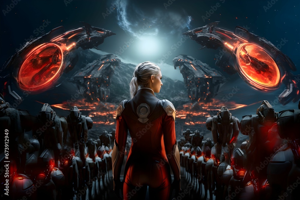 AI generated illustration of a woman warrior in a futuristic suit ...