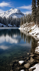  Refugio invernal en la montaña: Aguas cristalinas de un lago alpino reflejando picos nevados bajo un cielo azul, rodeado de pinos cubiertos de nieve, en una escena de serena belleza