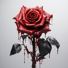 A Withered Rose, With One Petal Displaying A Vibrant Red And The Other A Deep, Sorrowful Black, This Rose Placed In The Middle Of The Picture, White Background, Monochrome