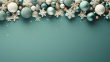 Festive Christmas Background With A Border Of Christmas Balls And Snowflakes On A Solid Green Background.