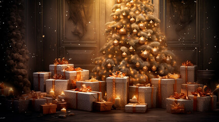 Wall Mural - christmas tree with gifts in dark room.