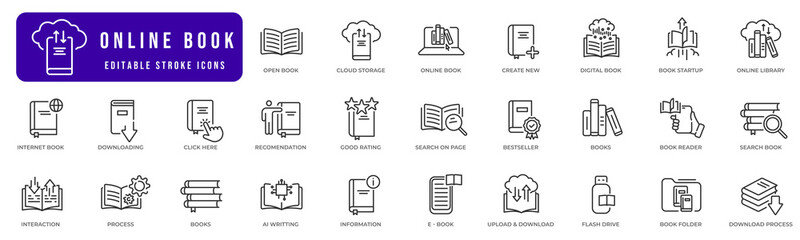 E-book icon pictogram set. Library, education, ebook, computer, reader etc. Editable stroke