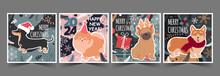 Set Of Christmas And Happy New Year Cards With Cute Dogs, Text, And Winter Elements. Vector Flat Illustration In Trendy Colors.