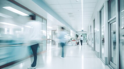 Wall Mural - Modern hospital corridor and people with long exposure effect, blurred