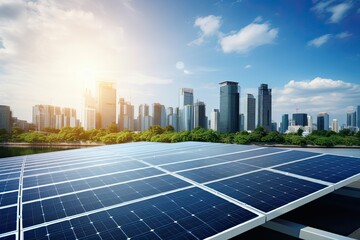 Wall Mural - Solar panels to power a modern clean city with electricity. Modern city with skyscrapers on background. Ecological energy renewable solar panel plant with modern urban landscape landmarks.