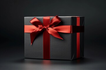 black gift box with red ribbon on dark background, space for text