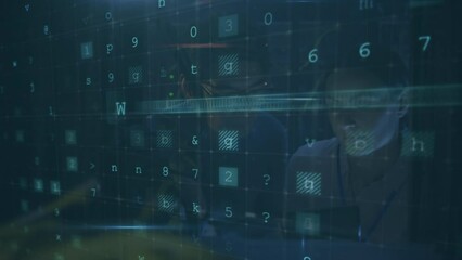 Poster - Animation of data processing against diverse male and female engineer discussing at server room