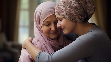 Hug to female cancer patients for motivation and hope concept