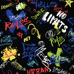 Wall Mural - Abstract bright graffiti pattern. With paint drips, words in graffiti style. Graphic urban design for textiles, sportswear, prints.