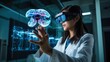 Medical researcher wearing VR goggles in laboratory to view model of the brain