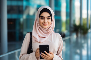 Arab business woman smiling at the camera and holding a cellphone. Portrait of confident young woman in a suit smiling at camera. Business concept.